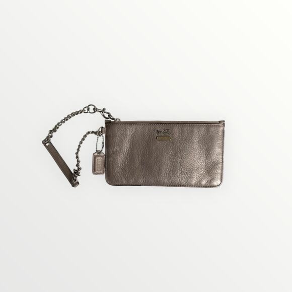 Coach Handbags - COACH Metallic Taupe Leather Chain Wristlet Pouch Bag